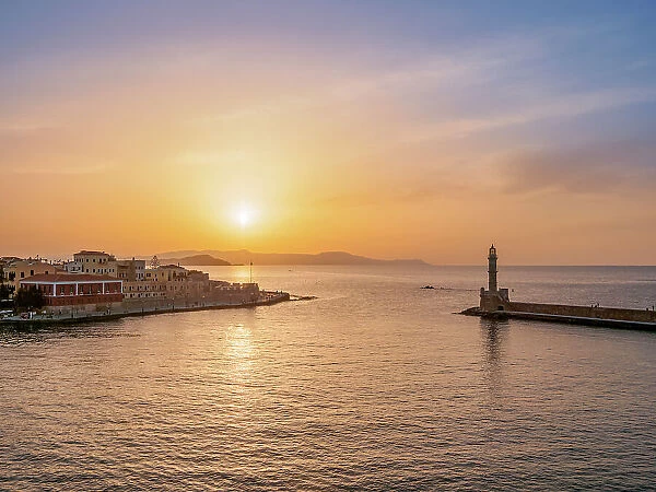 Venetian Harbour at sunset, elevated view, City of Chania, Crete, Greek Islands, Greece, Europe