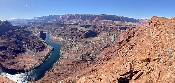 The Vermilion Cliffs adjacent to Glen Canyon Recreation Area viewed from the plateau at the end of Spencer Trail in Marble Canyon with Lee's Ferry on the lower left with the Colorado River, Arizona, United States of America, North America