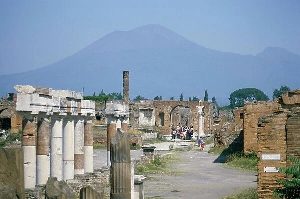 Vesuvius volcano from ruins of Forum buildings in Roman town