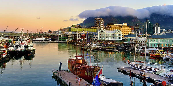 Victoria and Alfred Waterfront and harbor at sunset, Cape Town, South Africa, Africa