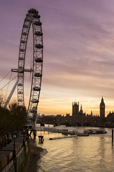 Victoria Tower, Big Ben, Houses of Parliament and London Eye overshadow the River Thames at dusk, London, England, United Kingdom, Europe