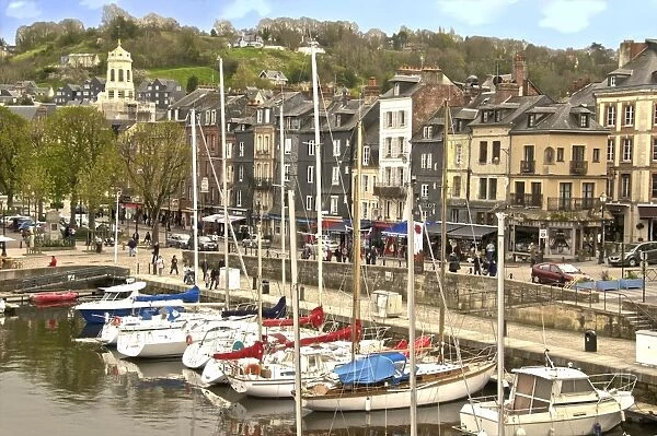 The Vieux Bassin, Old Town and boats moored along the quay, Honfleur, Calvados, Normandy, France, Europe