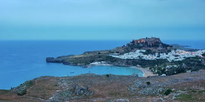 Framed Print : View towards the Acropolis of Lindos at dusk, Rhodes Island, Dodecanese, Greek Islands, Greece, Europe Framed Print : View towards the Acropolis of Lindos at dusk, Rhodes Island, Dodecanese, Greek Islands, Greece, Europe