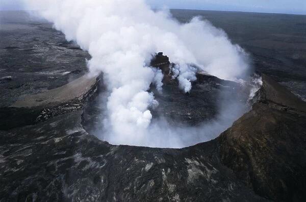 View of active volcano from helicopter