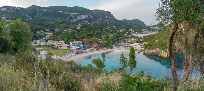 Framed Print : View of Agios Spiridon Beach from Monastery of Paleokastritsa at sunset, Palaiokastritsa, Corfu, Ionian Sea, Greek Islands, Greece, Europe Framed Print : View of Agios Spiridon Beach from Monastery of Paleokastritsa at sunset, Palaiokastritsa, Corfu, Ionian Sea, Greek Islands, Greece, Europe