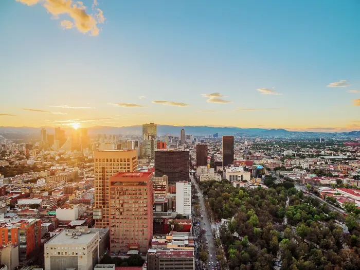 Framed Print : View over Alameda Central towards High-rise buildings of Paseo de la Reforma at sunset, Mexico City, Mexico Framed Print : View over Alameda Central towards High-rise buildings of Paseo de la Reforma at sunset, Mexico City, Mexico