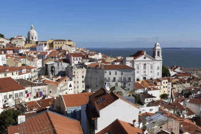 Framed Print : View over Alfama district from Miradouro das Portas do Sol, Alfama, Lisbon, Portugal, Europe