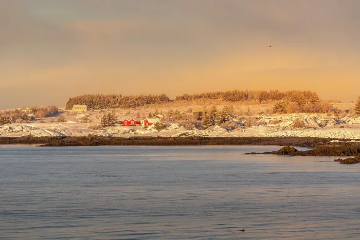 Framed Print : View of Alftanes headland from Hafnarfjorour in winter, Hafnarfjorour, Iceland Framed Print : View of Alftanes headland from Hafnarfjorour in winter, Hafnarfjorour, Iceland