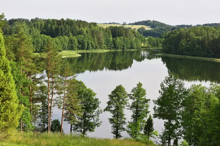 Framed Print : View over Alksnas lake from the top of Ladakalnis hill, one of the famous sights of Aukstaitija National Park, Lithuania, Europe