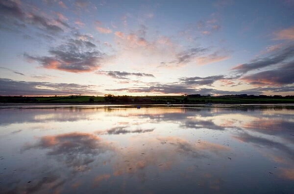 View across the Aln Estuary at sunset, Alnmouth, near Alnwick, Northumberland