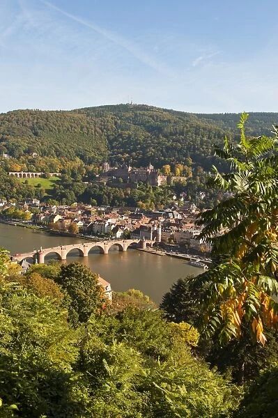 View of the Alte Brucke (Old Bridge), Neckar River Heidelberg Castle and Old Town from the Philosophenweg, Heidelberg, Baden-Wurttemberg, Germany, Europe