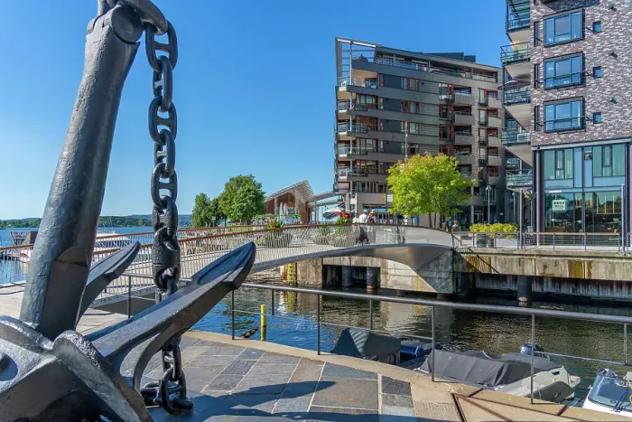 Framed Print : View of Anchor Cruiser Blucher and Astrup Fearnley Museum of Modern Art, Aker Brygge, Oslo, Norway, Scandinavia, Europe