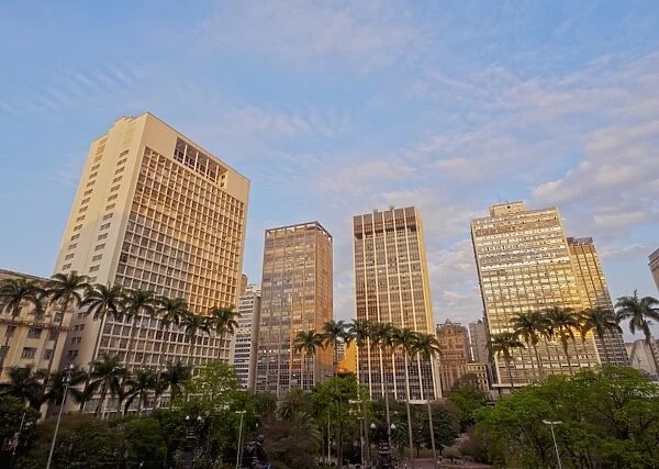 View of the Anhangabau Park and buildings in city centre. City of Sao Paulo, State of Sao Paulo