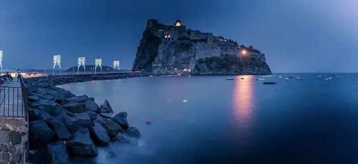 Framed Print : View of Aragonese Castle at dusk, Port of Ischia, Island of Ischia, Campania, Italy, Europe Framed Print : View of Aragonese Castle at dusk, Port of Ischia, Island of Ischia, Campania, Italy, Europe