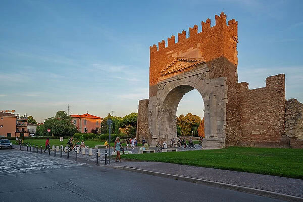 View of Arch of Augustus (Arco d'Augusto) at sunset, Rimini, Emilia-Romagna, Italy, Europe