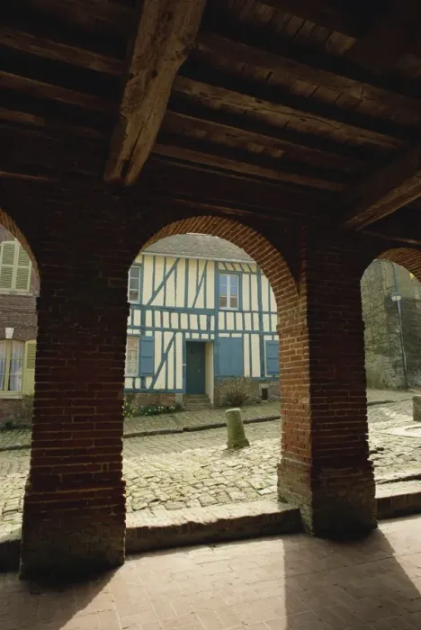 Framed Print : View through arch of colourful timbered house, Gerberoy, Oise, Picardie, France, Europe