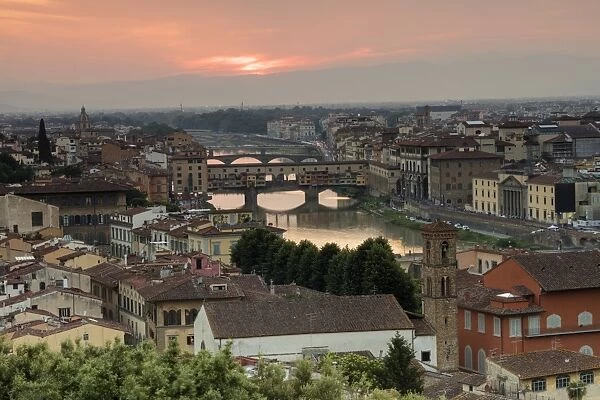 View of the Arno River and Ponte Vecchio at sunset from Piazzale Michelangelo, Florence