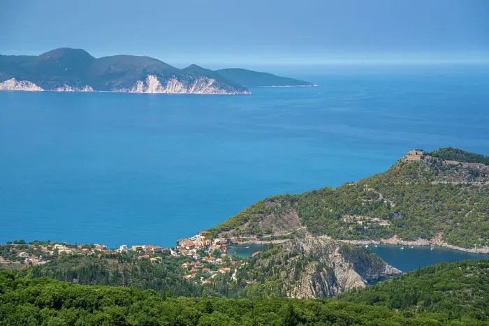 Framed Print : View of Assos, coastline, sea and hills, Assos, Kefalonia, Ionian Islands, Greek Islands, Greece, Europe Framed Print : View of Assos, coastline, sea and hills, Assos, Kefalonia, Ionian Islands, Greek Islands, Greece, Europe