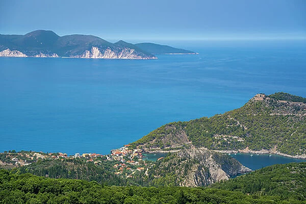 View of Assos, coastline, sea and hills, Assos, Kefalonia, Ionian Islands, Greek Islands, Greece, Europe