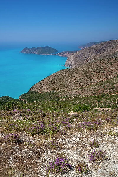 View of Assos, coastline, sea and hills near Agkonas, Kefalonia, Ionian Islands, Greek Islands, Greece, Europe