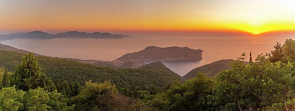View of Assos, coastline, sea and hills at sunset, Kefalonia, Ionian Islands, Greek Islands, Greece, Europe