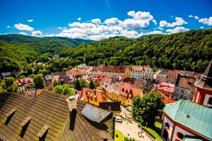 Framed Print : View from atop Loket Castle in the village of Loket in Karlovy Vary, Bohemia, Czech Republic Framed Print : View from atop Loket Castle in the village of Loket in Karlovy Vary, Bohemia, Czech Republic