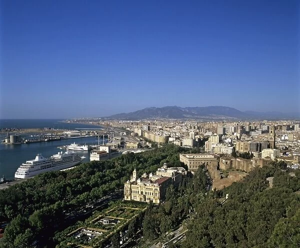 View over Ayuntamiento and city from Castillo de Gibralfaro, Malaga, Andalucia, Spain, Mediterranean, Europe