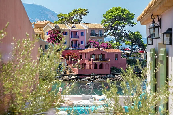 View of balcony and colourful houses in Assos, Assos, Kefalonia, Ionian Islands, Greek Islands, Greece, Europe