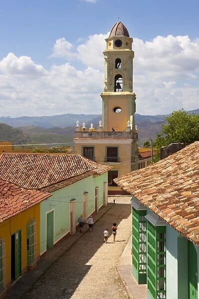 View from the balcony of the Museo Romantico towards the tower of Iglesia y Convento de San Francisco, Trinidad, UNESCO World Heritage Site, Cuba, West Indies