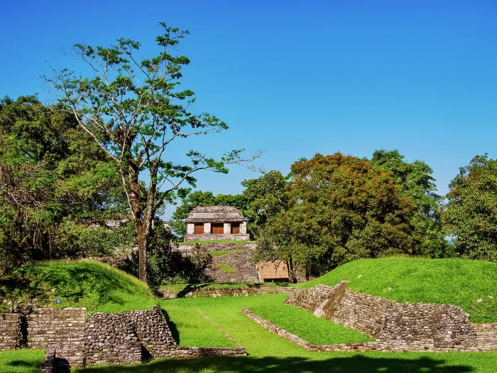 Framed Print : View over the Ball Court towards the North Group, Palenque Archaeological Site, Palenque, Chiapas State, Mexico