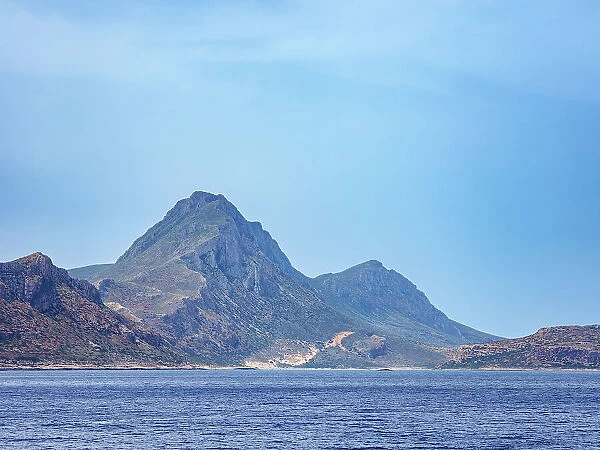 View towards the Balos Lagoon, Gramvousa Peninsula, Chania Region, Crete, Greek Islands, Greece, Europe