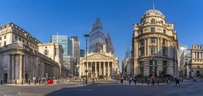 Framed Print : View of the Bank of England and Royal Exchange with The City of London backdrop, London Framed Print : View of the Bank of England and Royal Exchange with The City of London backdrop, London