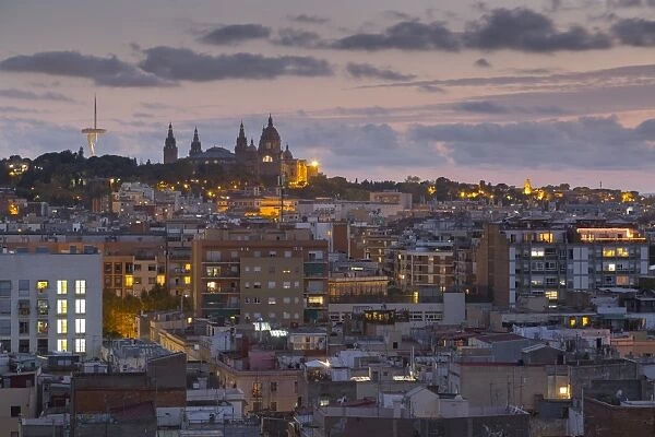 View of Barcelona at dusk, Barcelona, Catalonia, Spain, Europe