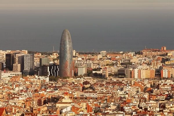 View over Barcelona with Torre Agbar Tower, architect Jean Nouvel, Barcelona, Catalonia