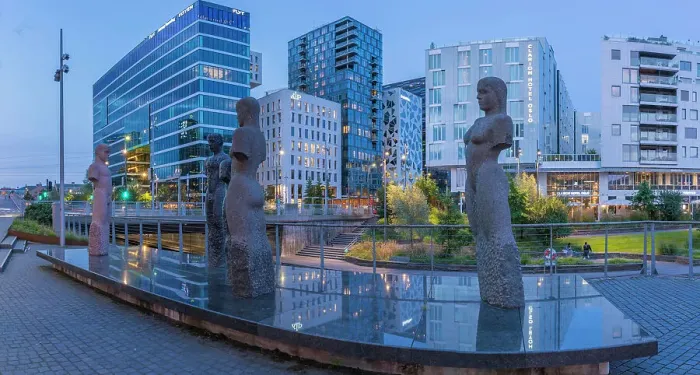 Framed Print : View of the Barcode buildings and Fellesskap sculptures at dusk, Oslo, Norway, Scandinavia, Europe Framed Print : View of the Barcode buildings and Fellesskap sculptures at dusk, Oslo, Norway, Scandinavia, Europe