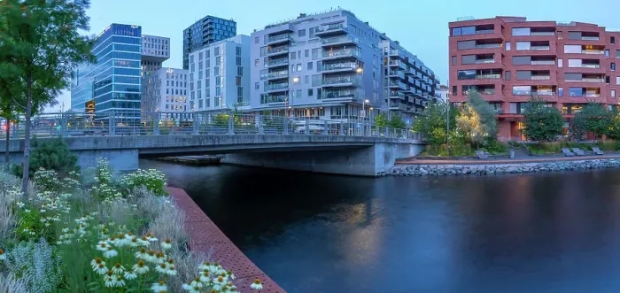 Framed Print : View of the Barcode buildings and flowers at dusk, Oslo, Norway, Scandinavia, Europe Framed Print : View of the Barcode buildings and flowers at dusk, Oslo, Norway, Scandinavia, Europe