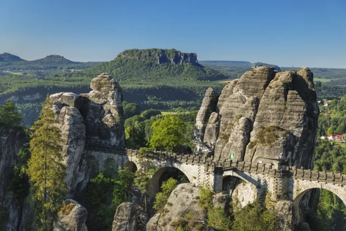 Framed Print : View from Bastei Bridge to Lilienstein Mountain, Elbsandstein Mountains, Saxony, Germany Framed Print : View from Bastei Bridge to Lilienstein Mountain, Elbsandstein Mountains, Saxony, Germany