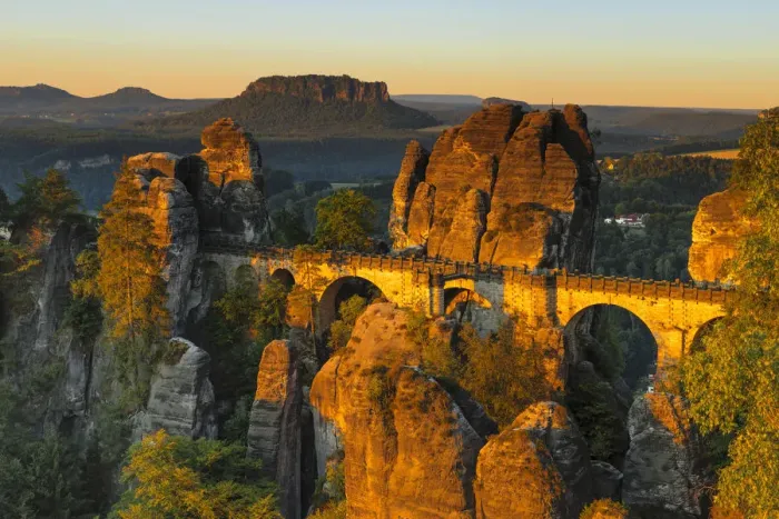 Framed Print : View from Bastei Bridge at sunrise to Lilienstein Mountain, Elbsandstein Mountains Framed Print : View from Bastei Bridge at sunrise to Lilienstein Mountain, Elbsandstein Mountains
