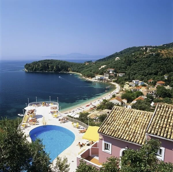 View over bay, Kalami, north east coast, Corfu, Ionian Islands, Greek Islands, Greece