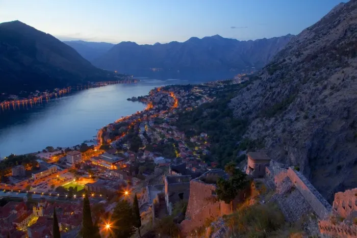 Framed Print : View of Bay of Kotor from Fortress at dusk, Kotor, UNESCO World Heritage Site, Montenegro, Europe Framed Print : View of Bay of Kotor from Fortress at dusk, Kotor, UNESCO World Heritage Site, Montenegro, Europe