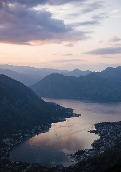 View of The Bay of Kotor at sunset, UNESCO World Heritage Site, Montenegro, Europe