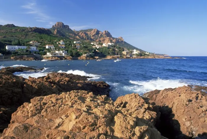 Framed Print : View across bay to the village of Antheor, and Pic du Cap Roux, Corniche de l Esterel Framed Print : View across bay to the village of Antheor, and Pic du Cap Roux, Corniche de l Esterel