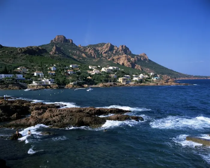 Framed Print : View across bay to the village and Pic du Cap Roux, Antheor, Corniche de l Esterel Framed Print : View across bay to the village and Pic du Cap Roux, Antheor, Corniche de l Esterel