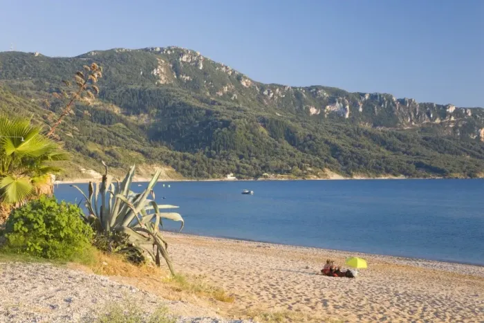 Framed Print : View across the bay to wooded hillside, early evening, Agios Georgios, Corfu, Ionian Islands, Greek Islands, Greece, Europe Framed Print : View across the bay to wooded hillside, early evening, Agios Georgios, Corfu, Ionian Islands, Greek Islands, Greece, Europe
