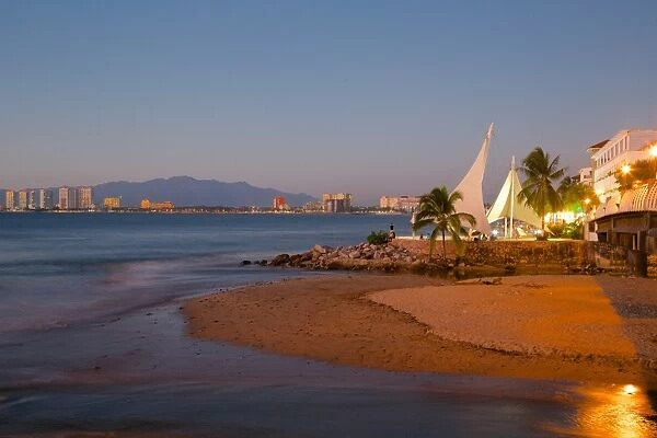 View over beach ast dusk, Downtown, Puerto Vallarta, Jalisco, Mexico, North America