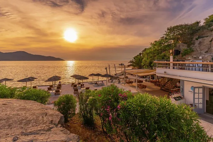 Framed Print : View of beach bar and sea at sunset in Thassos Town, Thassos, Aegean Sea, Greek Islands, Greece, Europe Framed Print : View of beach bar and sea at sunset in Thassos Town, Thassos, Aegean Sea, Greek Islands, Greece, Europe
