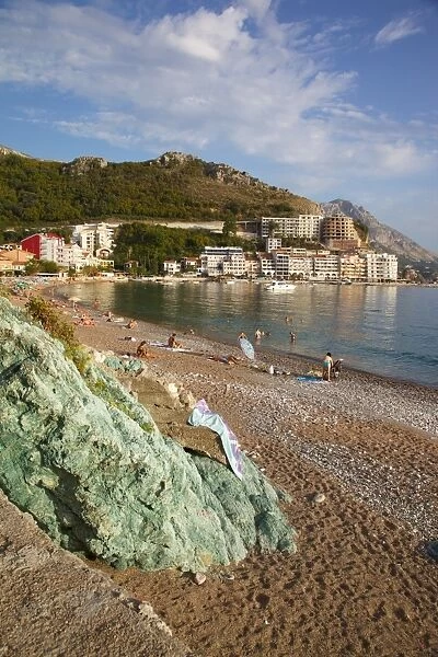 View of beach, Becici, Budva Bay, Montenegro, Europe