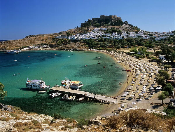 View over beach and castle, Lindos, Rhodes Island, Dodecanese Islands, Greek Islands