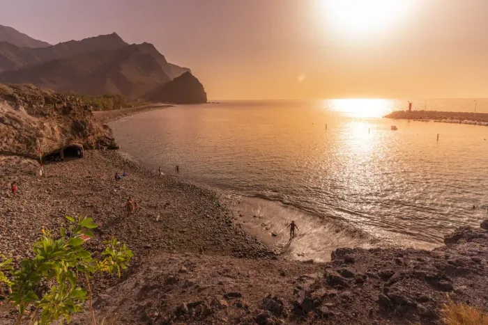 Framed Print : View of beach and coastline with mountains in background during golden hour, Puerto de La Aldea, Gran Canaria, Canary Islands, Spain, Atlantic, Europe Framed Print : View of beach and coastline with mountains in background during golden hour, Puerto de La Aldea, Gran Canaria, Canary Islands, Spain, Atlantic, Europe