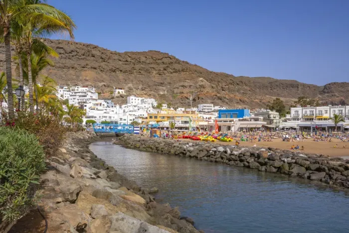 Framed Print : View of beach and colourful buildings along the promenade in the old town, Playa de Mogan, Gran Canaria, Canary Islands, Spain, Atlantic, Europe